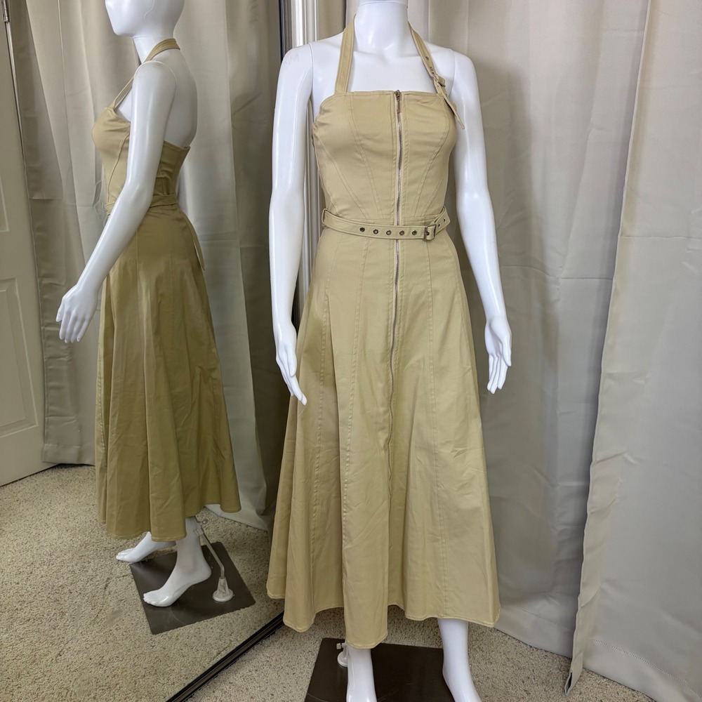 Nicholas The Label Tan Cotton Halter Midi Dress Zipper Front Belted 2